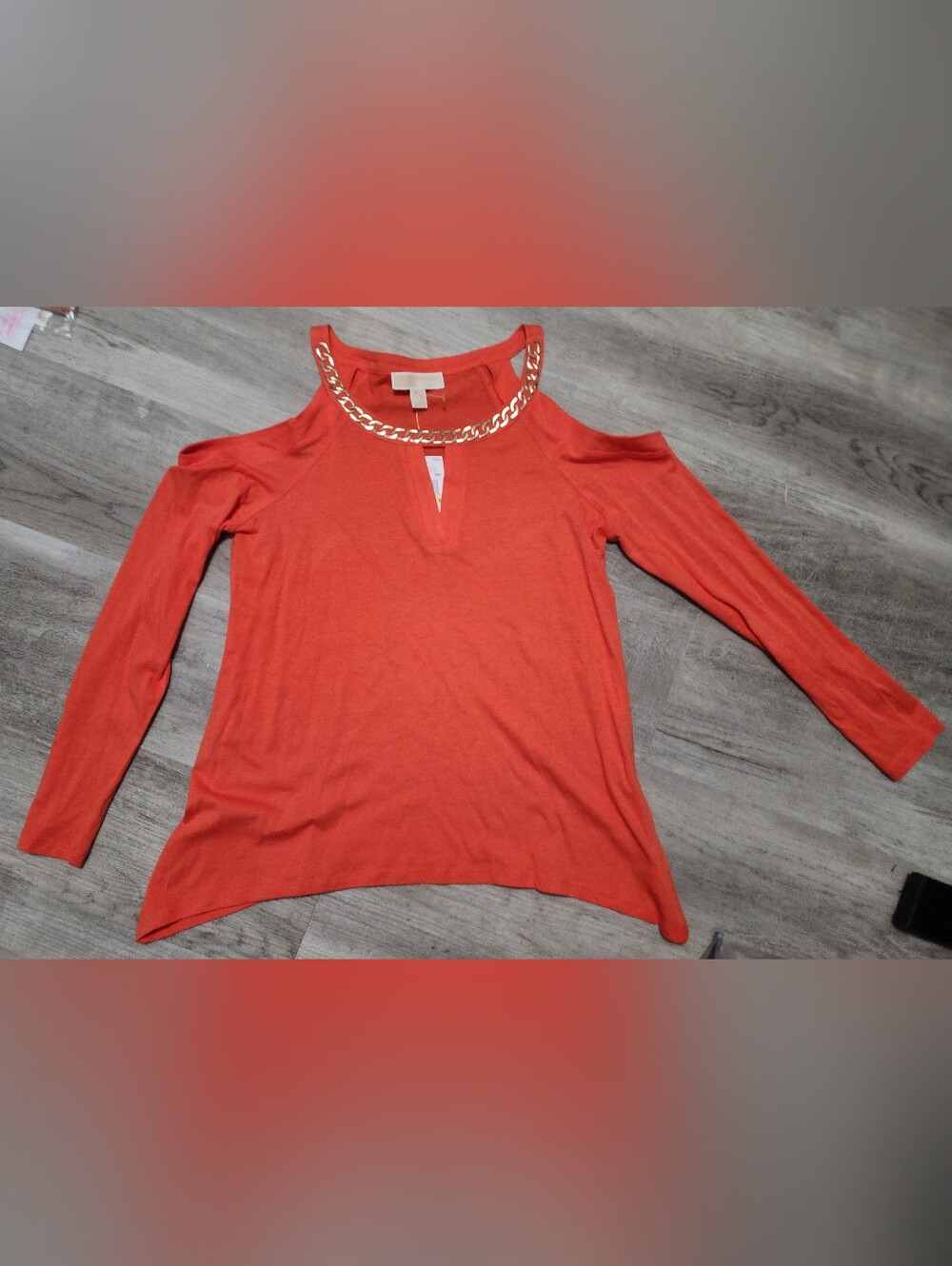 Michael Kors Orange Cold-Shoulder Blouse with Gold Chain Trim